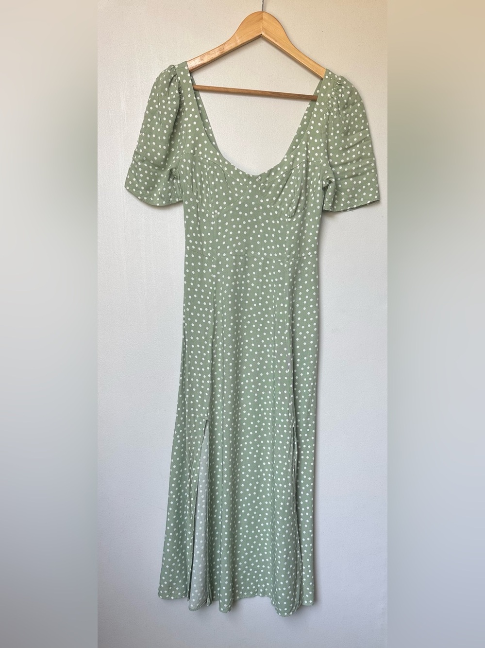 ASOS Sage Green Polka Dot Midi Dress with Puff Sleeves